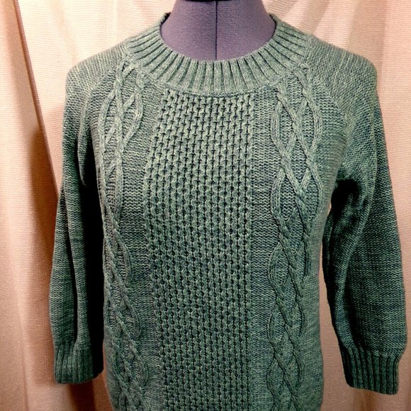 LL. BEAN Crew neck Crochet knit sweater top XS Olive Green Cable knit pullover - Picture 3 of 8